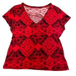 INC‎ Essentials Women's Red Black Print V-Neck Short Sleeve Casual Top XL